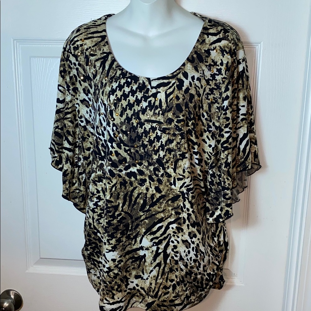 JM Collection Animal Print Blouse - Black, Brown, Tan Size Plus Size 1x